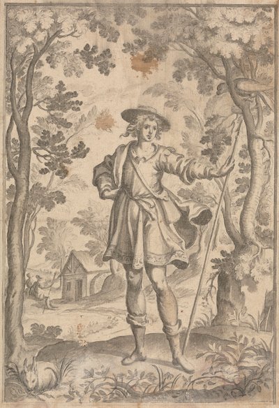 En jägare som håller ett spjut i en skogsmiljö av Francis Cleyn