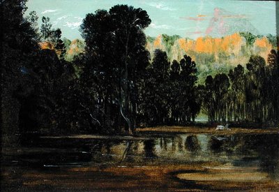 A Wooded Landscape at Sunset (olja på papper på duk) av Francis Danby