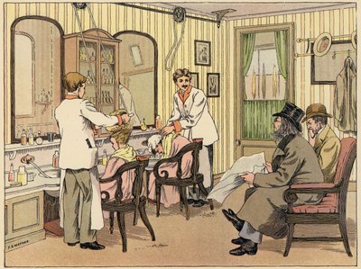 Bedfords bok om butiker: Hårklippare (färglitografi) av Francis Donkin Bedford
