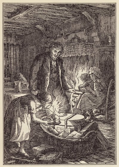 Illustration till Syrsan på härden av Charles Dickens (färglitografi) av Francis Donkin Bedford