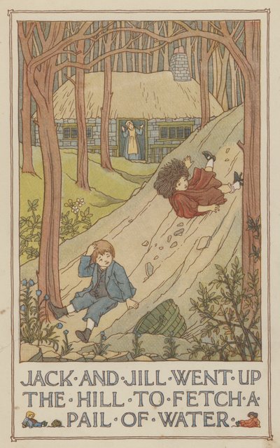 Jack och Jill gick upp för kullen för att hämta en hink med vatten (färglitografi) av Francis Donkin Bedford