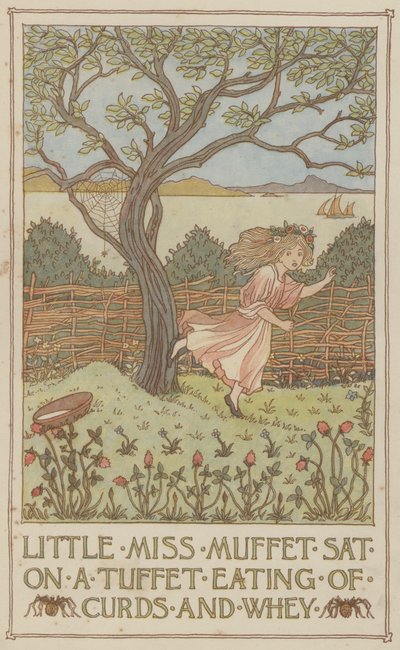 Lilla Miss Muffet satt på en tuffet och åt ostmassa och vassle (färglitografi) av Francis Donkin Bedford