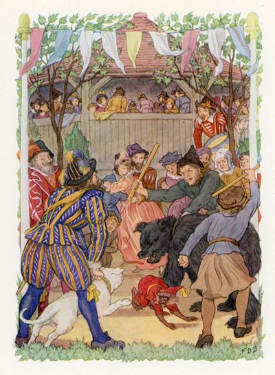 Merrie England: Baiting the Bear (färglitografi) av Francis Donkin Bedford