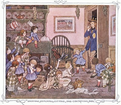 "Snipping, stitching, cutting and contriving, Papa", från The Magic Fishbone, pub. av Warne  Co, ca 1940 (färglitografi) av Francis Donkin Bedford