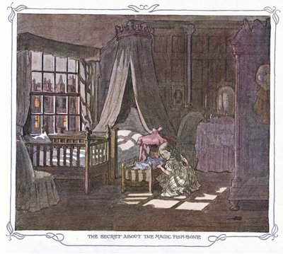 Hemligheten med det magiska fiskbenet, från The Magic Fishbone pub.by Warne  Co, ca 1940 (färglitografi) av Francis Donkin Bedford
