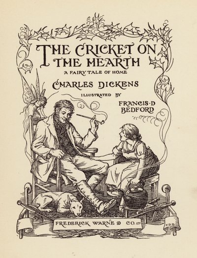Titelsidesillustration till Grillen på härden av Charles Dickens (färglitografi) av Francis Donkin Bedford