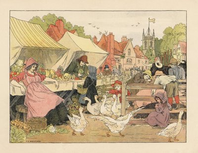 Viktorianska barn som köper grönsaker, jagar gäss och petar på grisar på en bymarknad. Kromolitografi efter en illustration av Francis Donkin Bedford från Edward Verrall Lucas