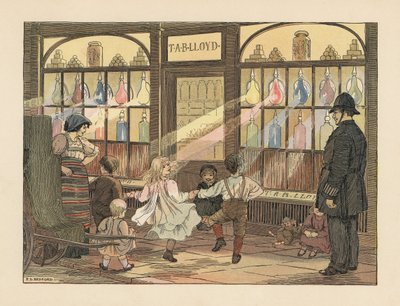 Viktorianska barn dansar framför en apoteksbutik medan en polisman tittar på. Kromolitografi efter en illustration av Francis Donkin Bedford från Edward Verrall Lucas