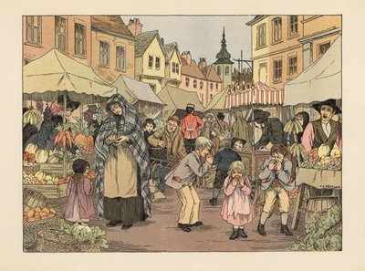 Viktorianska barn äter penny-apelsiner från frukt- och grönsaksstånd på en marknad i Londons East End. Kromolitografi efter en illustration av Francis Donkin Bedford från Edward Verrall Lucas