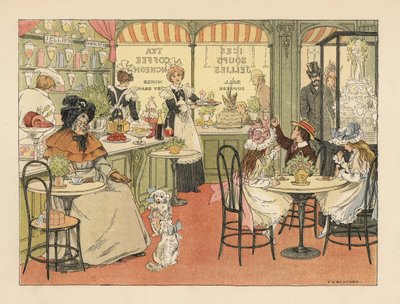 Viktorianska kunder i en teaffär och konditori. Kromolitografi efter en illustration av Francis Donkin Bedford från Edward Verrall Lucas