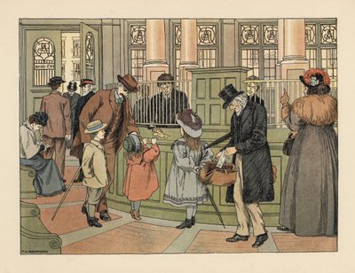 Viktoriansk familj på en bank tar ut pengar från en kassörska med bankgiro. Kromolitografi efter en illustration av Francis Donkin Bedford från Edward Verrall Lucas