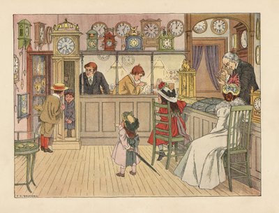 Viktoriansk familj hos urmakare. Barn leker i ett farfarsklocka, medan en kontorist lagar en klocka. Kromolitografi efter en illustration av Francis Donkin Bedford från Edward Verrall Lucas