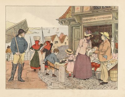 Viktoriansk fiskhandlarbutik nära strandpromenaden. Fiskare i stövlar med nät och fiskarhustrur med gympaskor. Kromolitografi efter en illustration av Francis Donkin Bedford från Edward Verrall Lucas