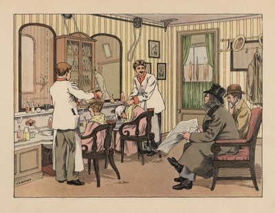 Viktorianska herrar som får håret schamponerat och behandlat med en hårborstmaskin i en frisersalong. Kromolitografi efter en illustration av Francis Donkin Bedford från Edward Verrall Lucas