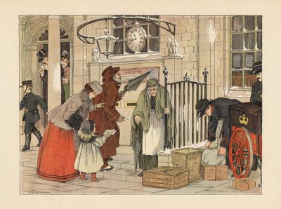 Viktorianska människor postar brev nära juldagen på postkontoret. Kromolitografi efter en illustration av Francis Donkin Bedford från Edward Verrall Lucas