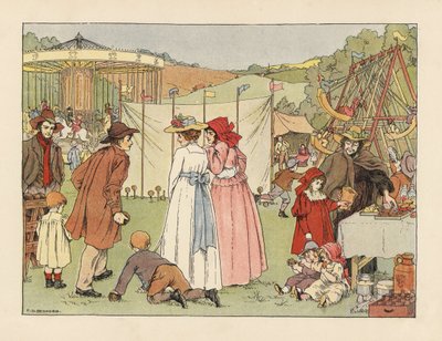 Viktorianska ungdomar vid en kokosnöt, barn på gungor och karusell på en bymarknad. Kromolitografi efter en illustration av Francis Donkin Bedford från Edward Verrall Lucas