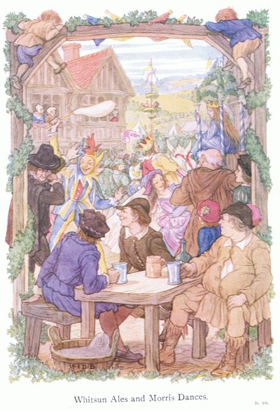 Whitsun ales och Morris-dansare (färglitografi) av Francis Donkin Bedford