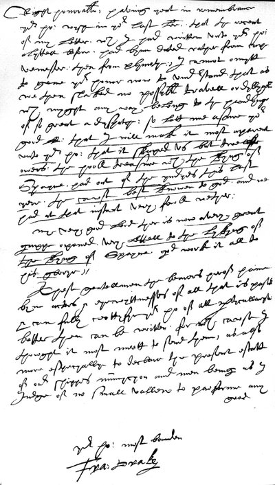 Brev till William Cecil, Lord Burghley, Lord High Treasurer, skrivet ombord på hans flaggskepp "Elizabeth Bonaventure" i Plymouth den 26 juli 1586 (penna och bläck på papper) av Francis Drake