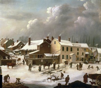 Vinterscen i Brooklyn, detalj av en gata och postkontoret, ca 1817-20 (detalj av 84498) av Francis Guy