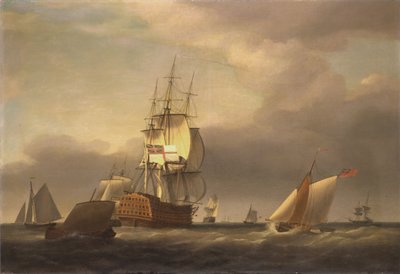 Ett havslandskap med krigsmän och småbåtar av Francis Holman