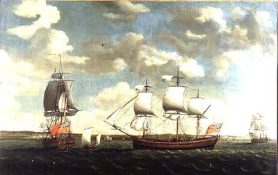Porträtt av en ostindiefarare på tre positioner utanför Portsmouth av Francis Holman
