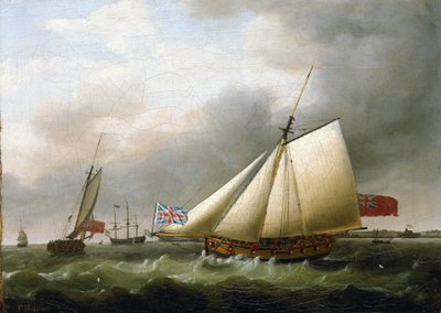 Fartyget "Fly" och andra fartyg, söder om Downs (England), med Union Jack-flaggan. Olja på duk av Francis Holman