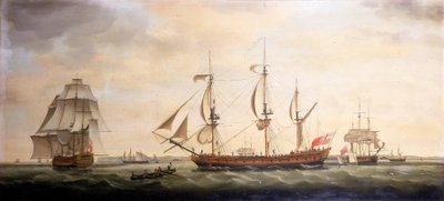 Tre vyer av Indiaman-fartyget "Royal Saint Georges" i Downs utanför Kent (England). Olja på duk av Francis Holman