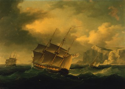 En engelsk fregatt skjuter en fransk fregatt mot en klippiga kust av Francis II Sartorius