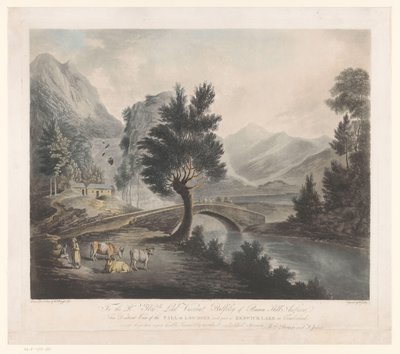 Utsikt över sjön Keswick med Lodore Falls Avlägsen vy av Lowdores fall med en del av Keswick Lake i Cumberland (titel på objektet) av Francis Jukes
