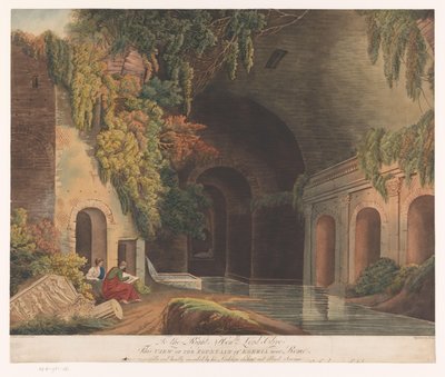 Två tecknare vid Nymphaeum of Egeria i Caffarellaparken nära Rom Utsikt över Egerias fontän nära Rom (titel på objektet) av Francis Jukes