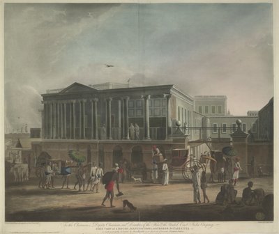 Vy över ett hus, manufaktur och basar i Calcutta av Francis Jukes