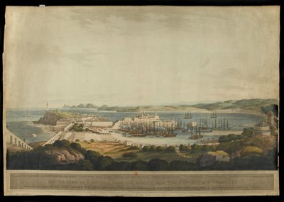 Södervy av Corunna från höjderna nära klostret St. Margaret, graverad av H. Merke, publicerad 1809 (färgad akvatint) av Francis Lee