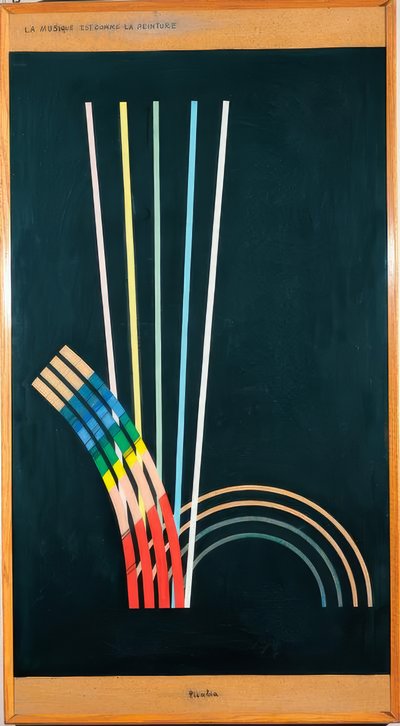Alla färger. Svarta färger, vita, röda, blå, gula linjer, kurvor, raka linjer, bågar. av Francis Picabia