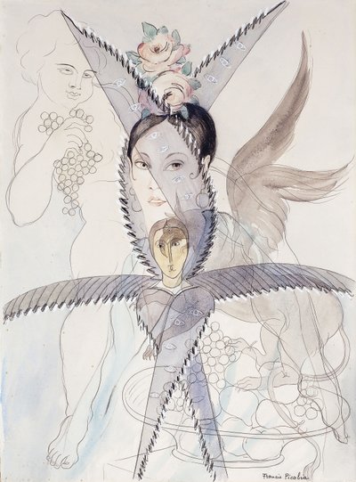 Transparence - Head and Winged Horse; Transparence - Tete et Cheval Aile, ca 1928 (akvarell, gouache, svart krita och blyerts på papper) av Francis Picabia