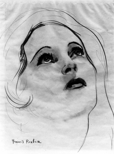 Kvinnoansikte med upplyfta ögon, av Francis Picabia (1879-1953); grafitpenna och akvarell på papper. av Francis Picabia