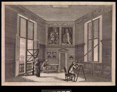 Tre personer använder astronomisk utrustning i Stora stjärnrummet eller Oktagonrummet, som det kallas idag, på Kungliga Observatoriet, ca 1676 (gravyr) av Francis Place