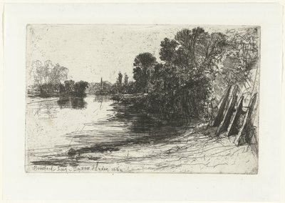 Bank of the Thames i Brentford Brentford Ferry (titel på objekt) av Francis Seymour Haden (Sir) (signed by artist)