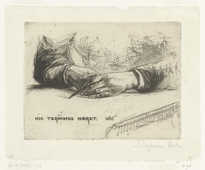 Två händer som ritar med krita Händer som håller en krita Hic Terminus Haeret (titel på objekt) av Francis Seymour Haden (Sir) (signed by artist)