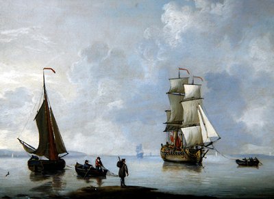 En brittisk krigsman som bogseras till Anchor (olja på koppar) av Francis Swaine