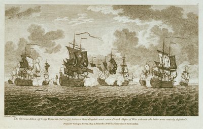 Tolv avbildningar av sjöslag. Den ärorika striden utanför Cape Francois den 21 oktober 1757 mellan engelska och sju franska krigsskepp, där de senare besegrades fullständigt. (etsning) av Francis Swaine
