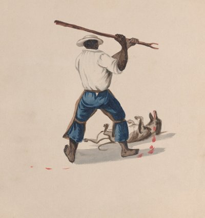 En man sedd bakifrån slå en hund med en käpp, från en grupp teckningar som visar..., ca. 1848 av Francisco