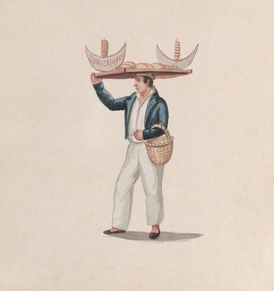 En tortillaförsäljare som balanserar en bricka på huvudet, från en grupp teckningar som föreställer peruanska..., ca. av Francisco