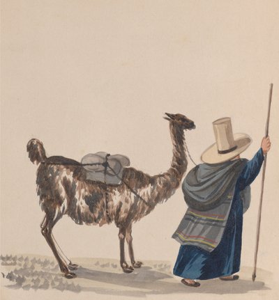 En kvinna som går med en lama, från en grupp teckningar som föreställer peruansk kostym, ca. 1848. av Francisco