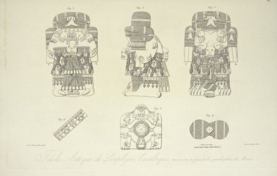 Aztekisk idol av basaltisk porfyr, hittad under Grand Plaza i Mexico City, graverad av Cloquet, illustration från "Views of the Cordilleras and Monuments of the Indigenous Peoples of America" ​​av Alexander von Humboldt och Aime Bonpland av Francisco Aguera Bustamante