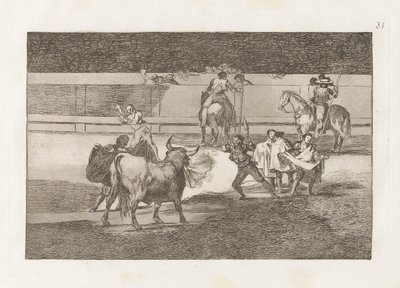 Banderillas de Fuego (banderillas med smällare), skylt 31 från tjurfäktning av Francisco de Goya