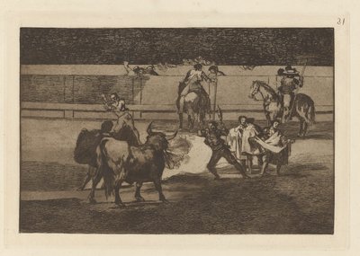 Banderillas of Fire (Banderillas with Firecrackers), Tallrik 31 från Bullfighting av Francisco de Goya