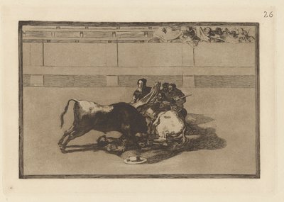 Fall av en picador från sin häst nedanför tjuren (A Picador is Unhorsed and Falls Under the Bull), skylt 26 från La tauromaquia av Francisco de Goya