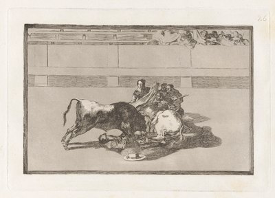 Fall av en picador från sin häst nedanför tjuren (A Picador is Unhorsed and Falls Under the Bull), skylt 26 från La tauromaquia av Francisco de Goya
