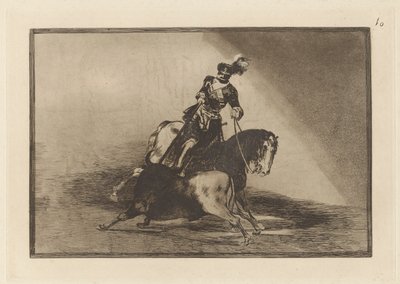 Carlos V. lanceando un toro en la plaza de Valladolid (Charles V. Spearing a Bull in the Ring at Valladolid), Tallrik 10 från La tauromaquia av Francisco de Goya