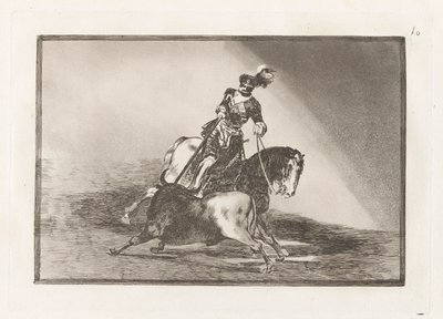 Carlos V. lanceando un toro en la plaza de Valladolid (Charles V spjuter en tjur i ringen vid Valladolid), skylt 10 från La tauromaquia av Francisco de Goya